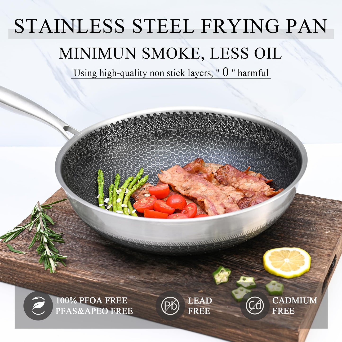 Vinchef Stainless Steel Wok Pan with Glass Lid