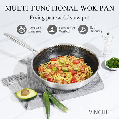 Vinchef Stainless Steel Wok Pan with Glass Lid