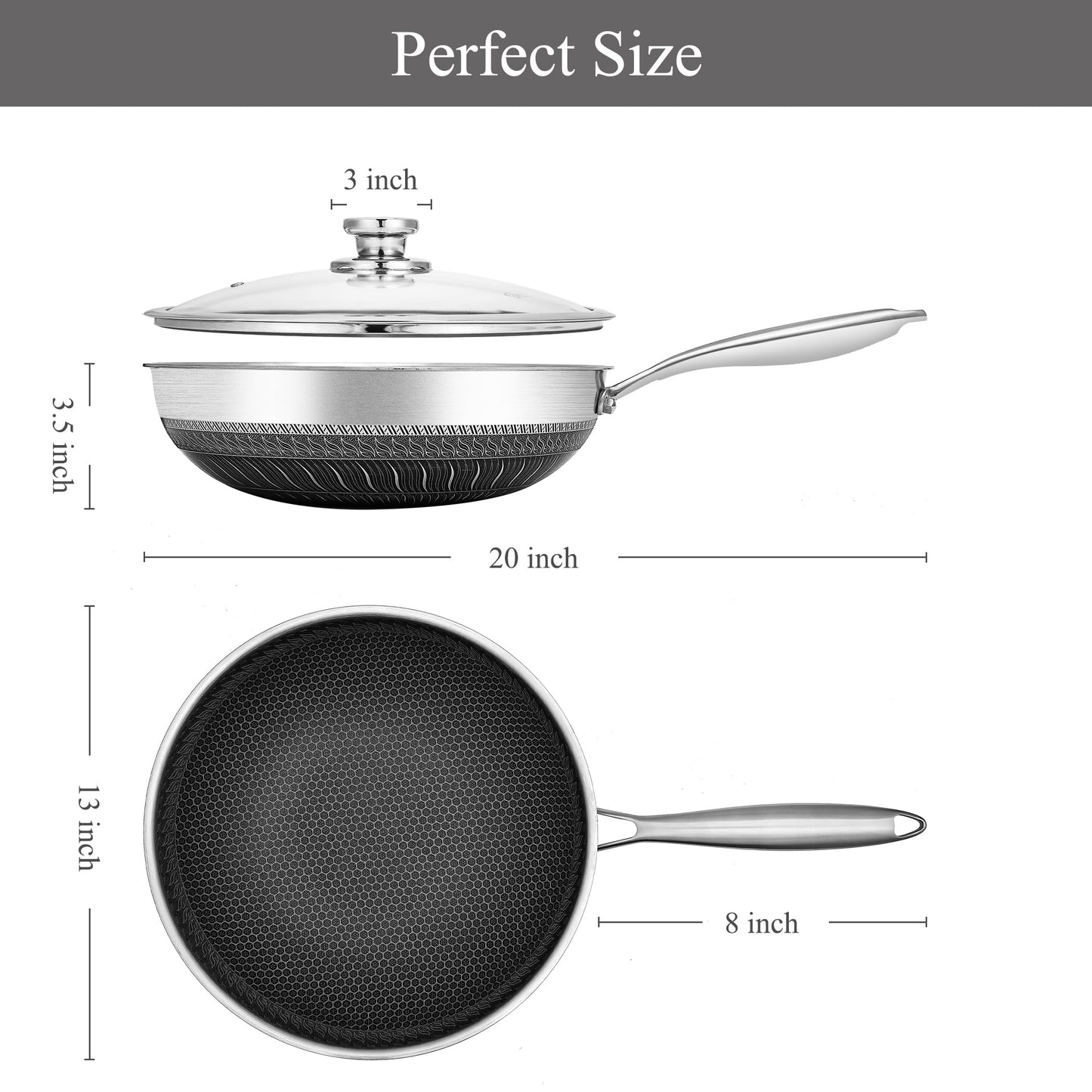 Vinchef Stainless Steel Wok Pan with Glass Lid